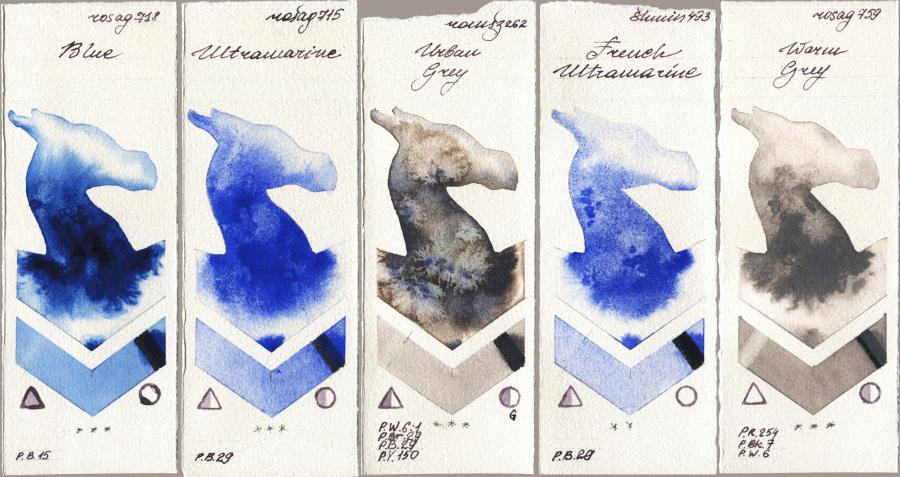 Rosa Gallery 718 Blue vs 715 Ultramarine vs Roman Szmal Aquarius 262 Urban Grey vs Shminke Horadam Aquarell 493 French Ultramarine vs 759 Warm Grey watercolor swatch
