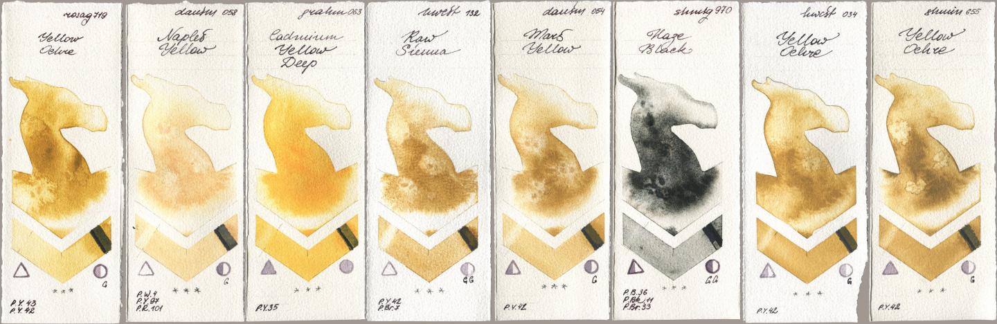 Rosa Gallery 719 Yellow Ochre, Daniel Smith 058 Naples Yellow, M. Graham & Co. Artists 063 Cadmium Yellow Deep, Holbein Artists Watercolor 132 Raw Sienna, 054 Mars Yellow, Shminke Horadam Aquarell 970 Haze Black, 034 Yellow Ochre, 655 Yellow Och watercolor swatch