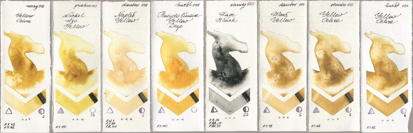 Rosa Gallery 719 Yellow Ochre, M. Graham & Co. Artists 123 Nickel Azo Yellow, Daniel Smith 058 Naples Yellow, Holbein Artists Watercolor 049 Isoindolinone Yellow Deep, Shminke Horadam Aquarell 970 Haze Black, 054 Mars Yellow, 655 Yellow Ochre, 034 Yellow Och watercolor swatch