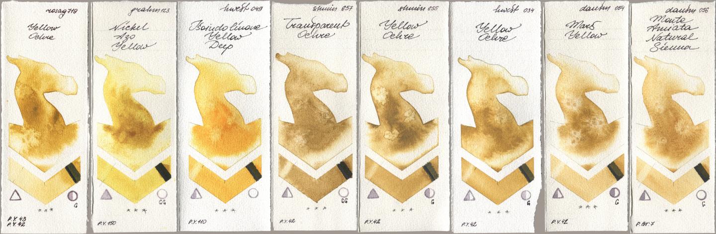 Rosa Gallery 719 Yellow Ochre, M. Graham & Co. Artists 123 Nickel Azo Yellow, Holbein Artists Watercolor 049 Isoindolinone Yellow Deep, Shminke Horadam Aquarell 657 Transparent Ochre, 655 Yellow Ochre, 034 Yellow Ochre, Daniel Smith 054 Mars Yellow, 056 Monte Amiata Natural Sien watercolor swatch