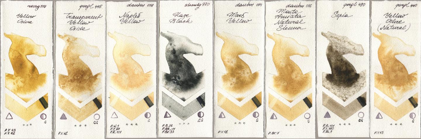 Rosa Gallery 719 Yellow Ochre, Golden QOR 445 Transparent Yellow Oxide, Daniel Smith 058 Naples Yellow, Shminke Horadam Aquarell 970 Haze Black, 054 Mars Yellow, 056 Monte Amiata Natural Sienna, 490 Sepia, 440 Yellow Ochre (Natura watercolor swatch