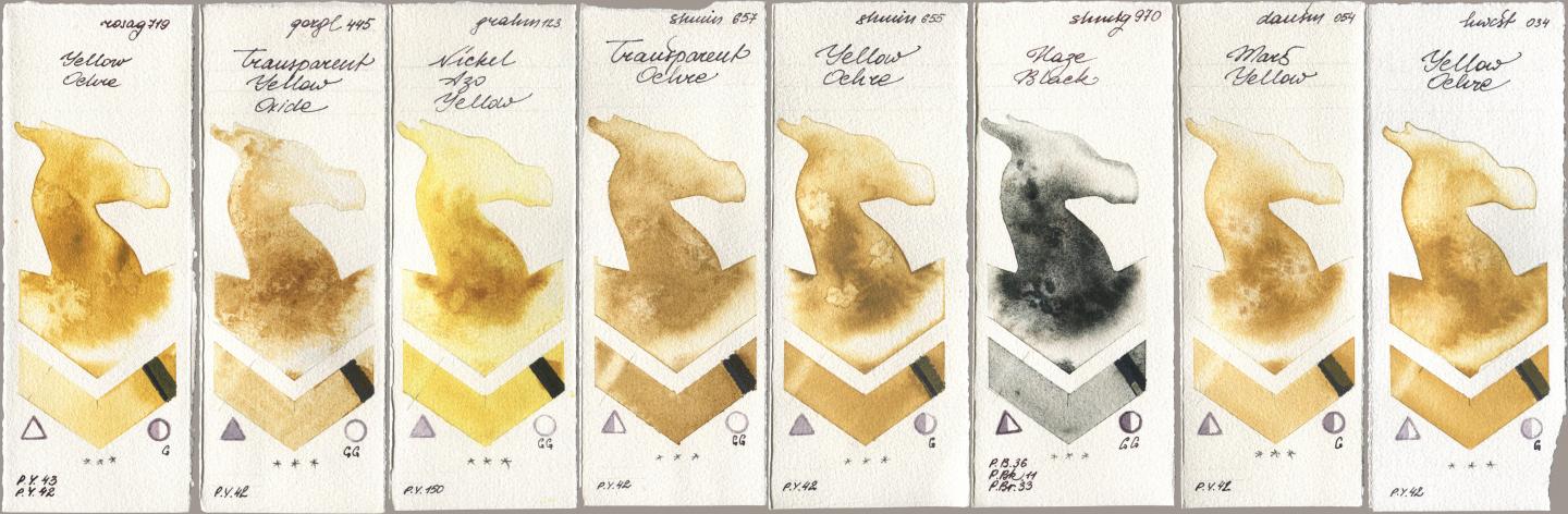 Rosa Gallery 719 Yellow Ochre, Golden QOR 445 Transparent Yellow Oxide, M. Graham & Co. Artists 123 Nickel Azo Yellow, Shminke Horadam Aquarell 657 Transparent Ochre, 655 Yellow Ochre, 970 Haze Black, Daniel Smith 054 Mars Yellow, Holbein Artists Watercolor 034 Yellow Och watercolor swatch
