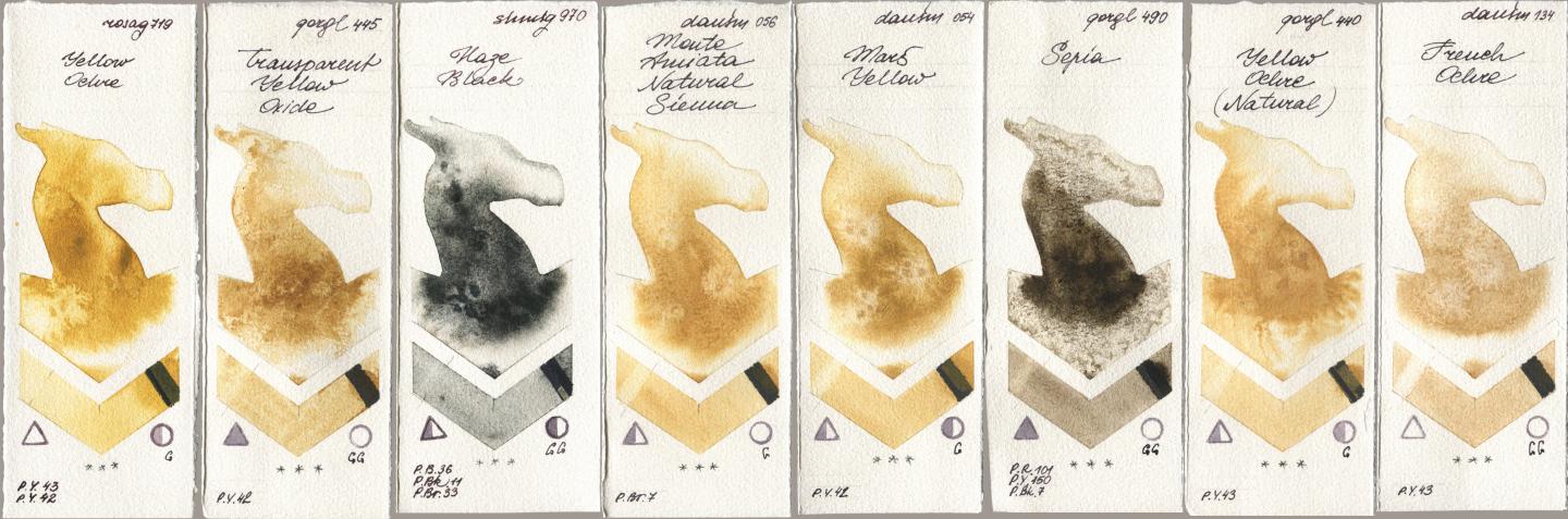 Rosa Gallery 719 Yellow Ochre, Golden QOR 445 Transparent Yellow Oxide, Shminke Horadam Aquarell 970 Haze Black, Daniel Smith 056 Monte Amiata Natural Sienna, 054 Mars Yellow, 490 Sepia, 440 Yellow Ochre (Natural), 134 French Och watercolor swatch