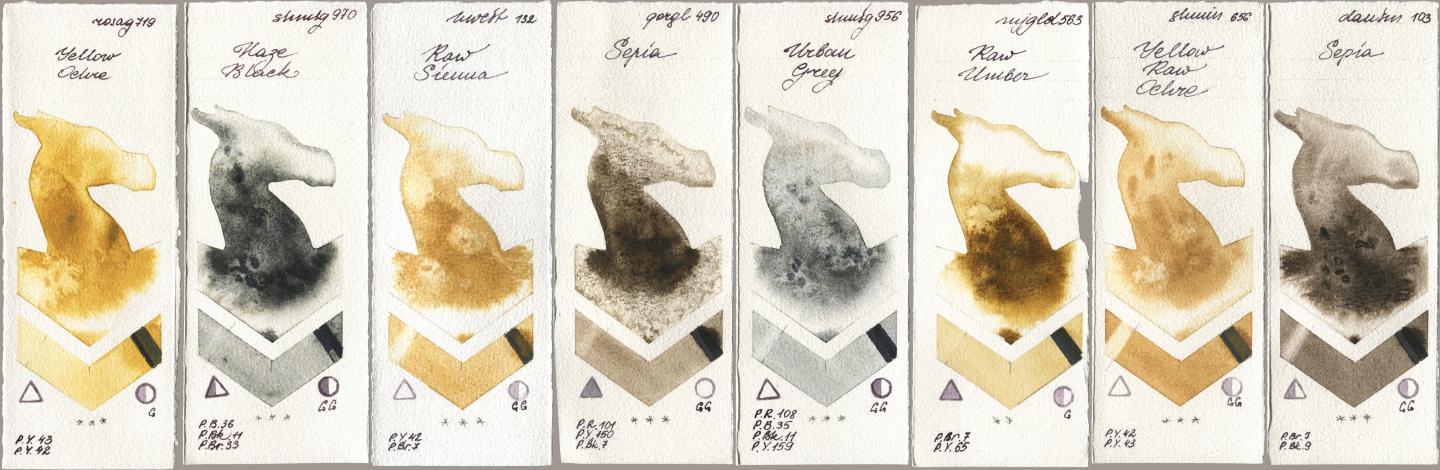 Rosa Gallery 719 Yellow Ochre, Shminke Horadam Aquarell 970 Haze Black, Holbein Artists Watercolor 132 Raw Sienna, Golden QOR 490 Sepia, 956 Urban Grey, Mijello Mission Gold 563 Raw Umber, 656 Yellow Raw Ochre, Daniel Smith 103 Sep watercolor swatch
