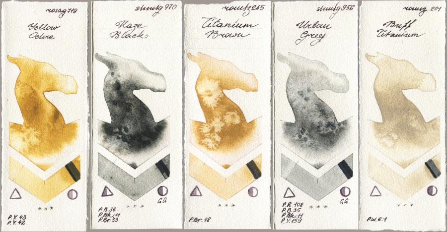 Rosa Gallery 719 Yellow Ochre vs Shminke Horadam Aquarell 970 Haze Black vs Roman Szmal Aquarius 265 Titanium Brown vs 956 Urban Grey vs 201 Buff Titanium watercolor swatch