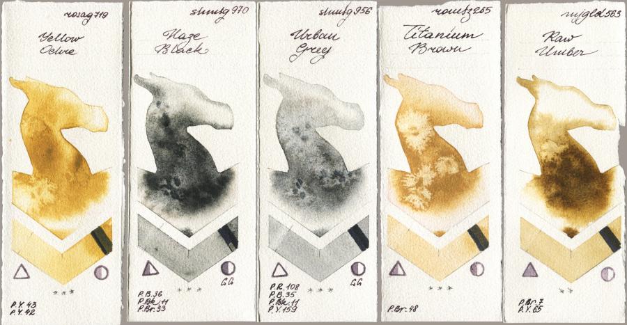 Rosa Gallery 719 Yellow Ochre vs Shminke Horadam Aquarell 970 Haze Black vs 956 Urban Grey vs Roman Szmal Aquarius 265 Titanium Brown vs Mijello Mission Gold 563 Raw Umber watercolor swatch