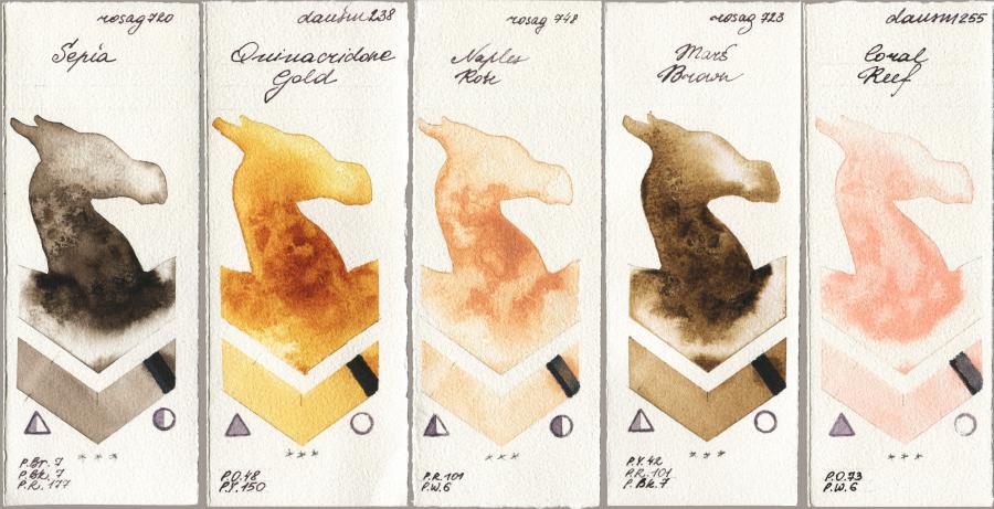 Rosa Gallery 720 Sepia vs Daniel Smith 238 Quinacridone Gold vs 748 Naples Rose vs 723 Mars Brown vs 255 Coral Reef watercolor swatch