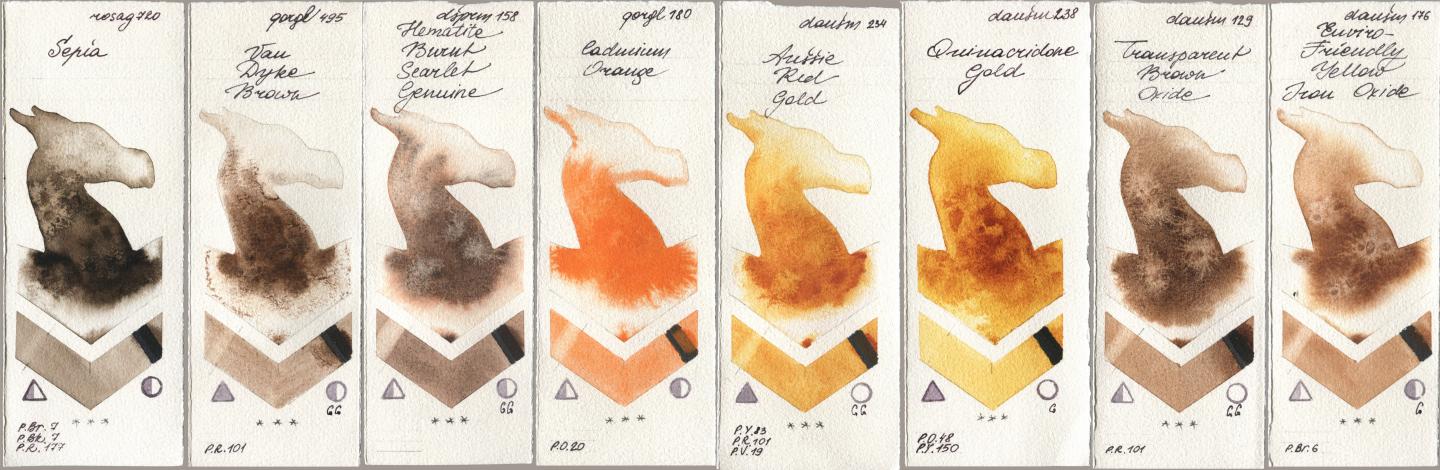 Rosa Gallery 720 Sepia, Golden QOR 495 Van Dyke Brown, Daniel Smith 158 Hematite Burnt Scarlet Genuine, 180 Cadmium Orange, 234 Aussie Red Gold, 238 Quinacridone Gold, 129 Transparent Brown Oxide, 176 Enviro-Friendly Yellow Iron Oxi watercolor swatch