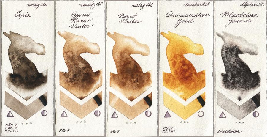 Rosa Gallery 720 Sepia vs Roman Szmal Aquarius 128 Cyprus Burnt Umber vs 746 Burnt Umber vs Daniel Smith 238 Quinacridone Gold vs 193 Bloodstone Genuine watercolor swatch