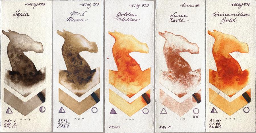 Rosa Gallery 720 Sepia vs 723 Mars Brown vs 730 Golden Yellow vs Daniel Smith 050 Lunar Earth vs 735 Quinacridone Gold watercolor swatch
