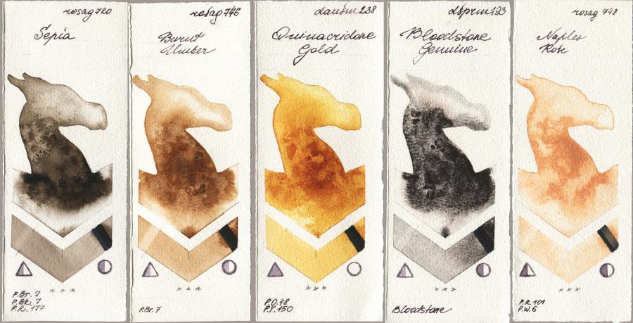 Rosa Gallery 720 Sepia vs 746 Burnt Umber vs Daniel Smith 238 Quinacridone Gold vs 193 Bloodstone Genuine vs 748 Naples Rose watercolor swatch