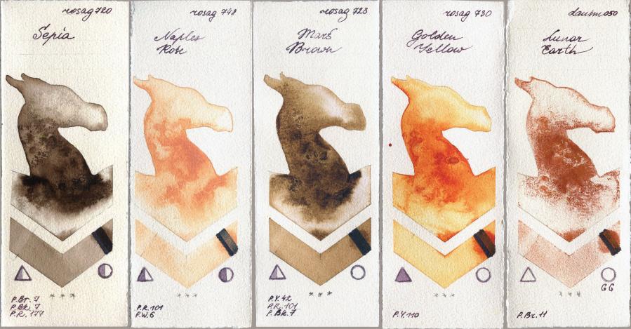 Rosa Gallery 720 Sepia vs 748 Naples Rose vs 723 Mars Brown vs 730 Golden Yellow vs Daniel Smith 050 Lunar Earth watercolor swatch