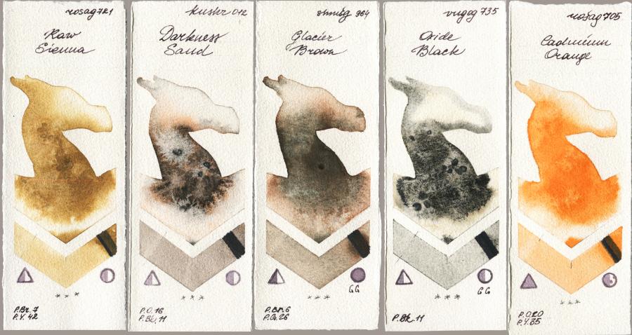 Rosa Gallery 721 Raw Sienna vs Kusakabe 012 Darkness Sand vs Shminke Horadam Aquarell 964 Glacier Brown vs Royal Talens Van Gogh Watercolour 735 Oxide Black vs 705 Cadmium Orange watercolor swatch