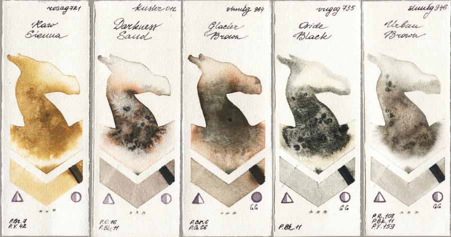 Rosa Gallery 721 Raw Sienna vs Kusakabe 012 Darkness Sand vs Shminke Horadam Aquarell 964 Glacier Brown vs Royal Talens Van Gogh Watercolour 735 Oxide Black vs 946 Urban Brown watercolor swatch