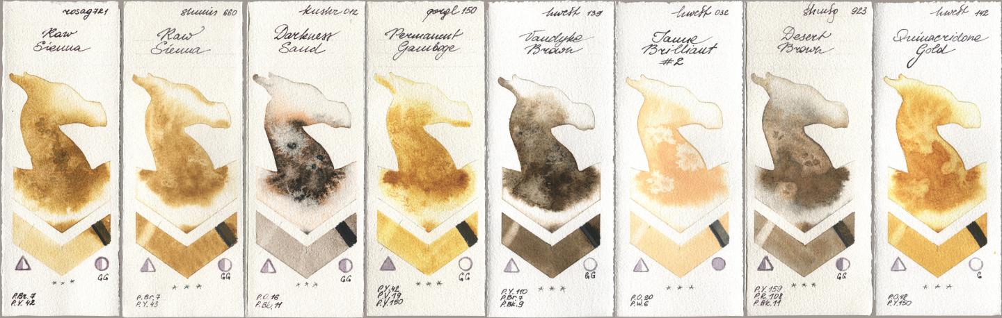 Rosa Gallery 721 Raw Sienna, Shminke Horadam Aquarell 660 Raw Sienna, Kusakabe 012 Darkness Sand, Golden QOR 150 Permanent Gamboge, Holbein Artists Watercolor 139 Vandyke Brown, 032 Jaune Brillant No 2, 923 Desert Brown, 142 Quinacridone Go watercolor swatch