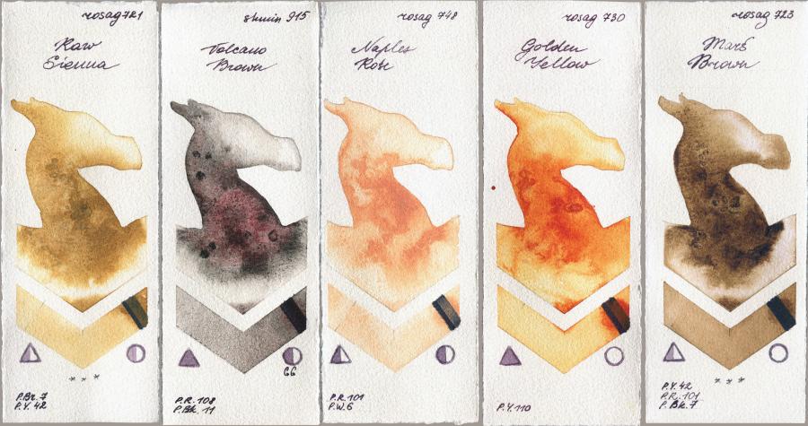 Rosa Gallery 721 Raw Sienna vs Shminke Horadam Aquarell 915 Volcano Brown vs 748 Naples Rose vs 730 Golden Yellow vs 723 Mars Brown watercolor swatch