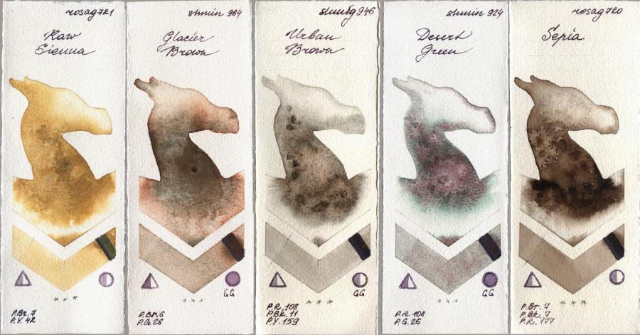 Rosa Gallery 721 Raw Sienna vs Shminke Horadam Aquarell 964 Glacier Brown vs 946 Urban Brown vs 924 Desert Green vs 720 Sepia watercolor swatch