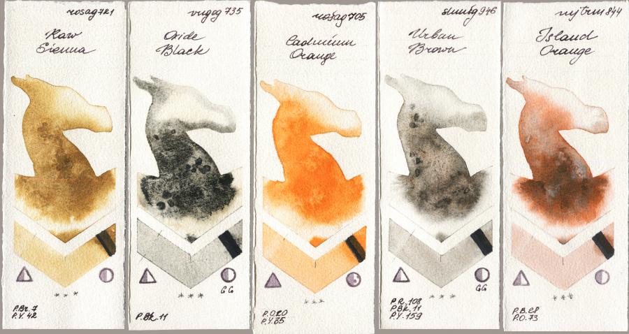 Rosa Gallery 721 Raw Sienna vs Royal Talens Van Gogh Watercolour 735 Oxide Black vs 705 Cadmium Orange vs Shminke Horadam Aquarell 946 Urban Brown vs Mijello Mission Gold 844 Island Orange watercolor swatch