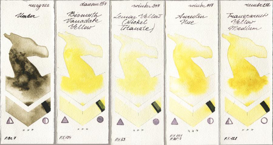 Rosa Gallery 722 Umber vs Daniel Smith 154 Bismuth Vanadate Yellow vs Winsor & Newton Professional 347 Lemon Yellow (Nickel Titanate) vs 417 Aureolin Hue vs Royal Talens Rembrandt Watercolour 272 Transparent Yellow Medium watercolor swatch