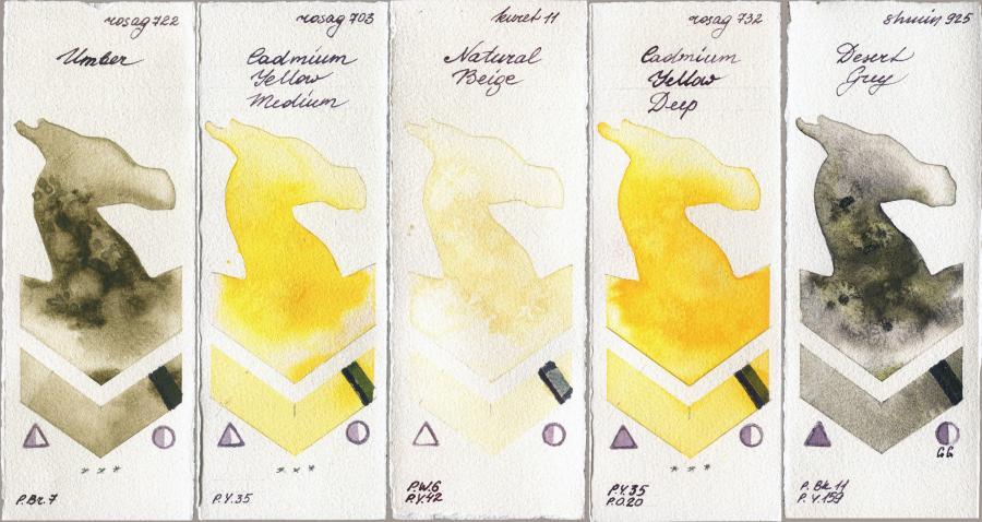 Rosa Gallery 722 Umber vs 703 Cadmium Yellow Medium vs Kuretake Gansai Tambi 11 Natural Beige vs 732 Cadmium Yellow Deep vs Shminke Horadam Aquarell 925 Desert Grey watercolor swatch