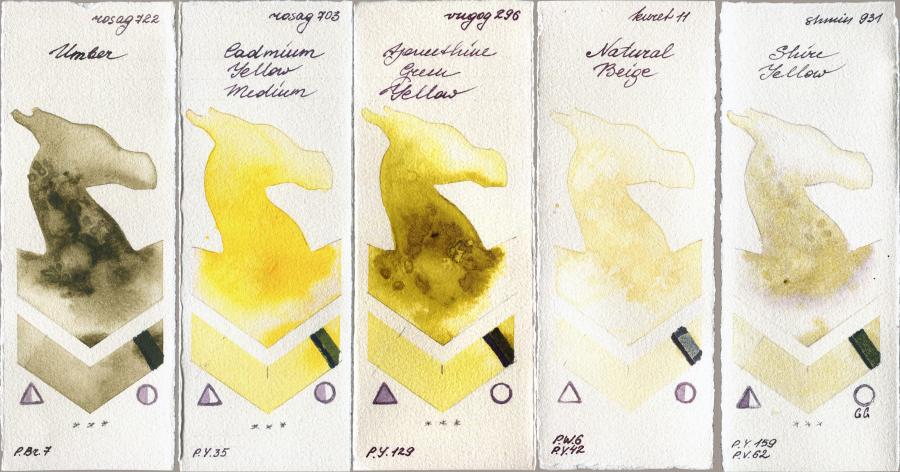 Rosa Gallery 722 Umber vs 703 Cadmium Yellow Medium vs Royal Talens Van Gogh Watercolour 296 Azomethine Green Yellow vs Kuretake Gansai Tambi 11 Natural Beige vs Shminke Horadam Aquarell 931 Shire Yellow watercolor swatch