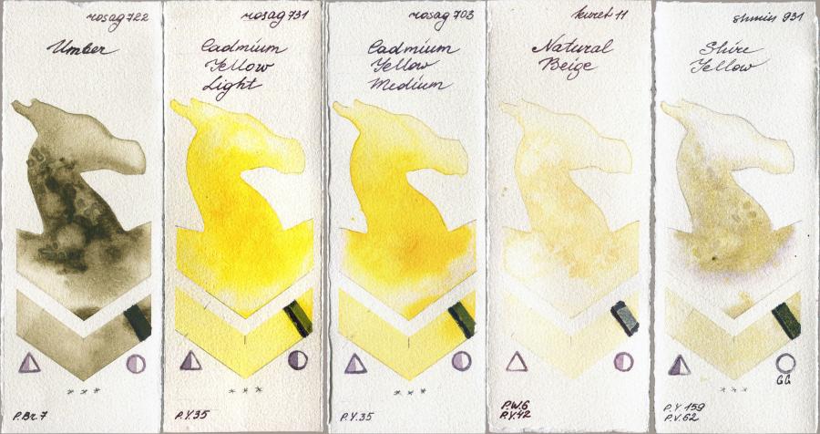 Rosa Gallery 722 Umber vs 731 Cadmium Yellow Light vs 703 Cadmium Yellow Medium vs Kuretake Gansai Tambi 11 Natural Beige vs Shminke Horadam Aquarell 931 Shire Yellow watercolor swatch