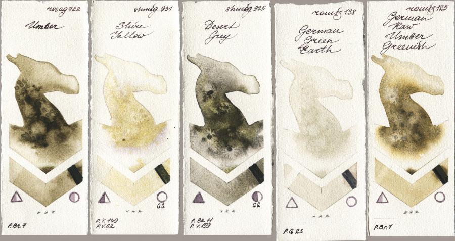 Rosa Gallery 722 Umber vs Shminke Horadam Aquarell 931 Shire Yellow vs 925 Desert Grey vs Roman Szmal Aquarius 138 German Green Earth vs 125 German Raw Umber Greenish watercolor swatch