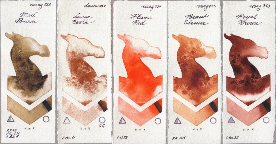 Rosa Gallery 723 Mars Brown vs Daniel Smith 050 Lunar Earth vs 734 Flame Red vs 733 Burnt Sienna vs 753 Royal Brown watercolor swatch