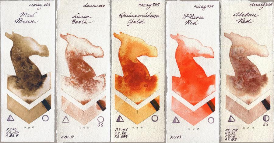 Rosa Gallery 723 Mars Brown vs Daniel Smith 050 Lunar Earth vs 735 Quinacridone Gold vs 734 Flame Red vs Shminke Horadam Aquarell 926 Urban Red watercolor swatch