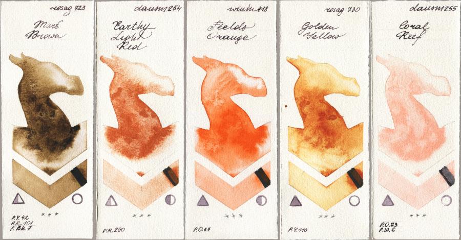 Rosa Gallery 723 Mars Brown vs Daniel Smith 254 Earthy Light Red vs Winsor & Newton Professional 418 Fields Orange vs 730 Golden Yellow vs 255 Coral Reef watercolor swatch