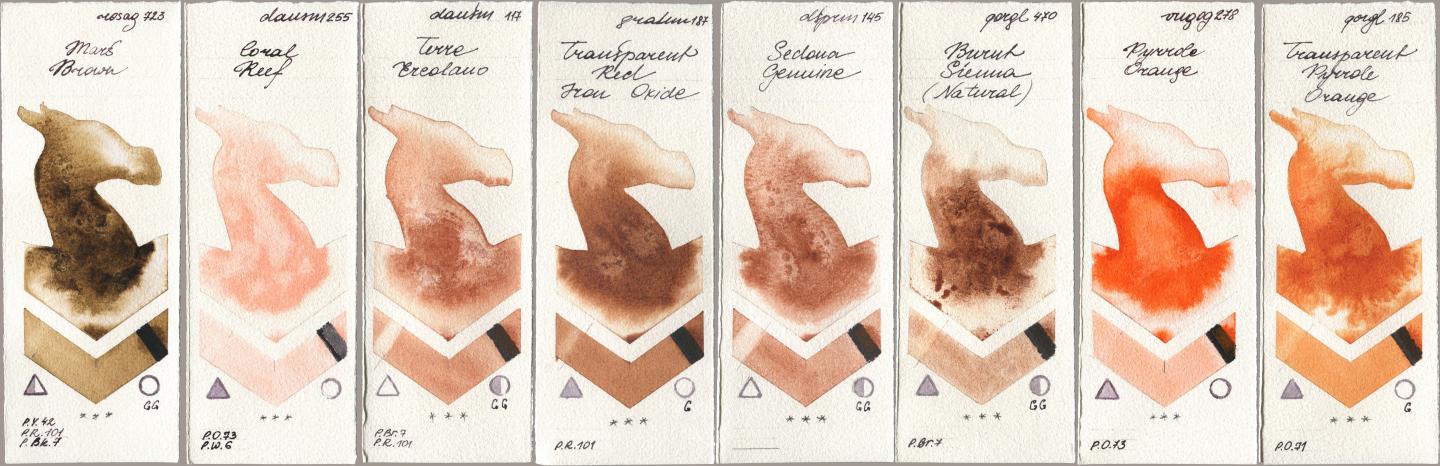 Rosa Gallery 723 Mars Brown, Daniel Smith 255 Coral Reef, 117 Terre Ercolano, M. Graham & Co. Artists 187 Transparent Red Iron Oxide, 145 Sedona Genuine, Golden QOR 470 Burnt Sienna (Natural), Royal Talens Van Gogh Watercolour 278 Pyrrole Orange, 185 Transparent Pyrrole Oran watercolor swatch