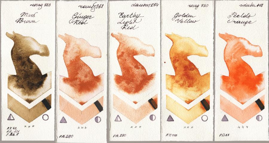 Rosa Gallery 723 Mars Brown vs Roman Szmal Aquarius 368 Genger Red vs Daniel Smith 254 Earthy Light Red vs 730 Golden Yellow vs Winsor & Newton Professional 418 Fields Orange watercolor swatch