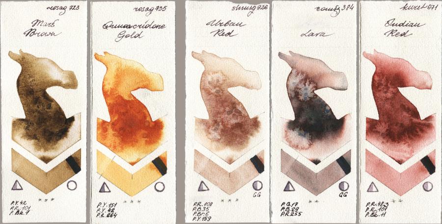 Rosa Gallery 723 Mars Brown vs 735 Quinacridone Gold vs Shminke Horadam Aquarell 926 Urban Red vs Roman Szmal Aquarius 384 Lava vs Kuretake Gansai Tambi 071 Indian Red watercolor swatch