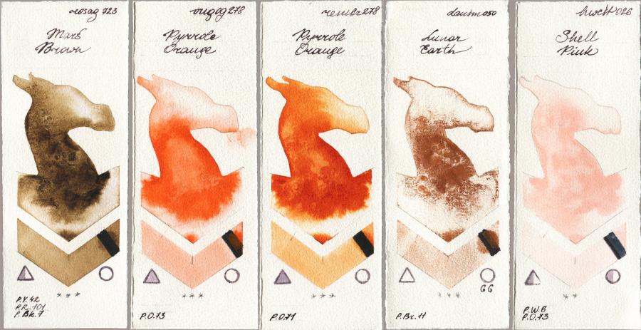 Rosa Gallery 723 Mars Brown vs Royal Talens Van Gogh Watercolour 278 Pyrrole Orange vs Royal Talens Rembrandt Watercolour 278 Pyrrole Orange vs Daniel Smith 050 Lunar Earth vs Holbein Artists Watercolor 026 Shell Pink watercolor swatch