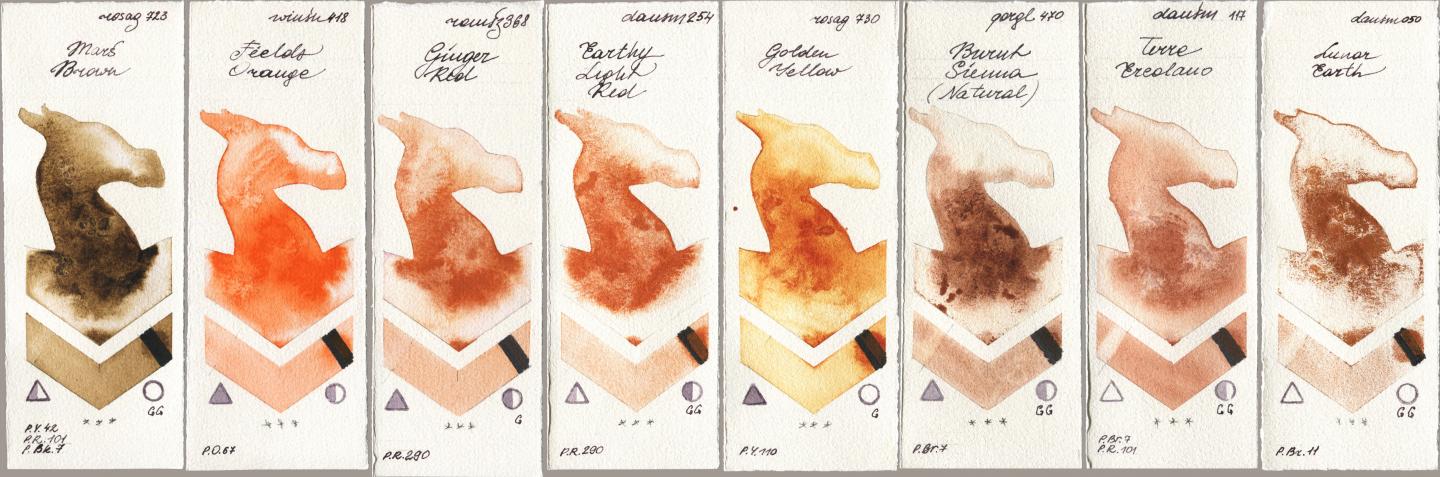 Rosa Gallery 723 Mars Brown, Winsor & Newton Professional 418 Fields Orange, Roman Szmal Aquarius 368 Genger Red, Daniel Smith 254 Earthy Light Red, 730 Golden Yellow, Golden QOR 470 Burnt Sienna (Natural), 117 Terre Ercolano, 050 Lunar Ear watercolor swatch