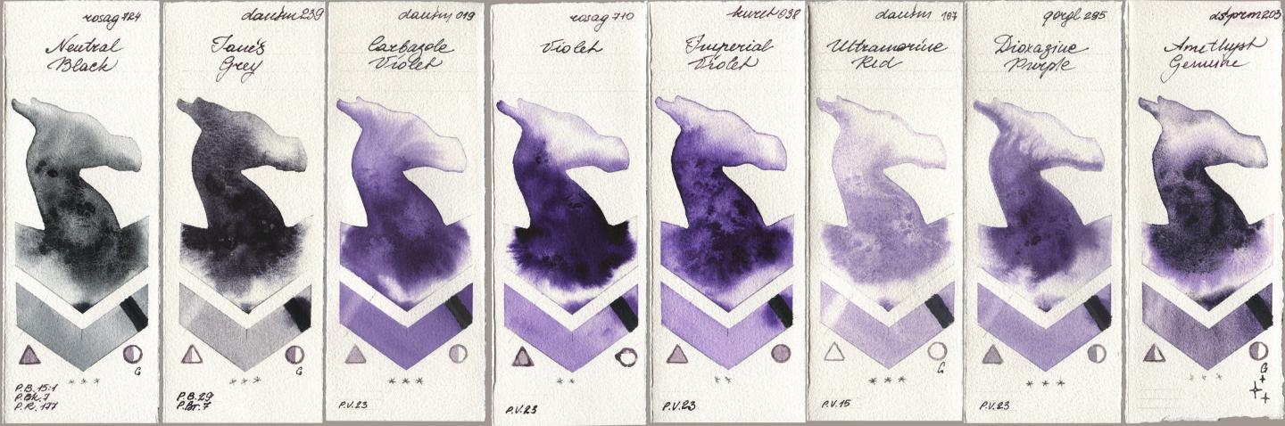 Rosa Gallery 724 Neutral Black, Daniel Smith 239 Janes Grey, 019 Carbazole Violet, 710 Violet, Kuretake Gansai Tambi 038 Imperial Violet, 107 Ultramarine Red, Golden QOR 295 Dioxazine Purple, 203 Amethyst Genui watercolor swatch