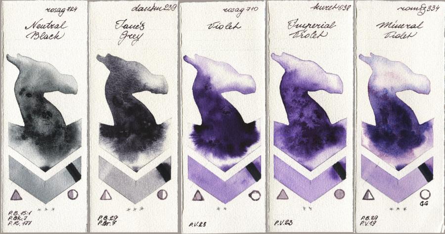 Rosa Gallery 724 Neutral Black vs Daniel Smith 239 Janes Grey vs 710 Violet vs Kuretake Gansai Tambi 038 Imperial Violet vs Roman Szmal Aquarius 334 Mineral Violet watercolor swatch