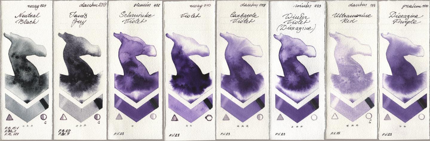 Rosa Gallery 724 Neutral Black, Daniel Smith 239 Janes Grey, Shminke Horadam Aquarell 476 Schmincke Violet, 710 Violet, 019 Carbazole Violet, Winsor & Newton Professional 733 Winsor Violet (Dioxazine), 107 Ultramarine Red, M. Graham & Co. Artists 100 Dioxazine Purp watercolor swatch
