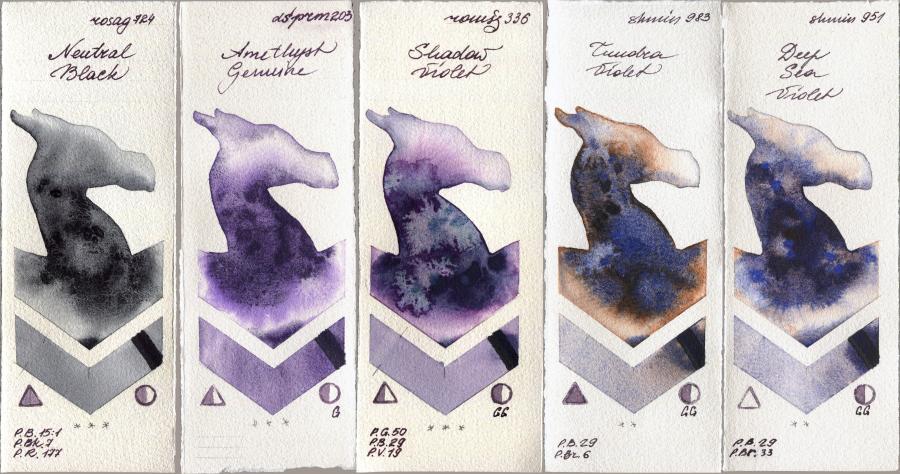Rosa Gallery 724 Neutral Black vs Daniel Smith 203 Amethyst Genuine vs Roman Szmal Aquarius 336 Shadow Violet vs Shminke Horadam Aquarell 983 Tundra Violet vs 951 Deep Sea Violet watercolor swatch