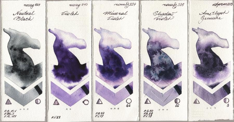 Rosa Gallery 724 Neutral Black vs 710 Violet vs Roman Szmal Aquarius 334 Mineral Violet vs 336 Shadow Violet vs Daniel Smith 203 Amethyst Genuine watercolor swatch