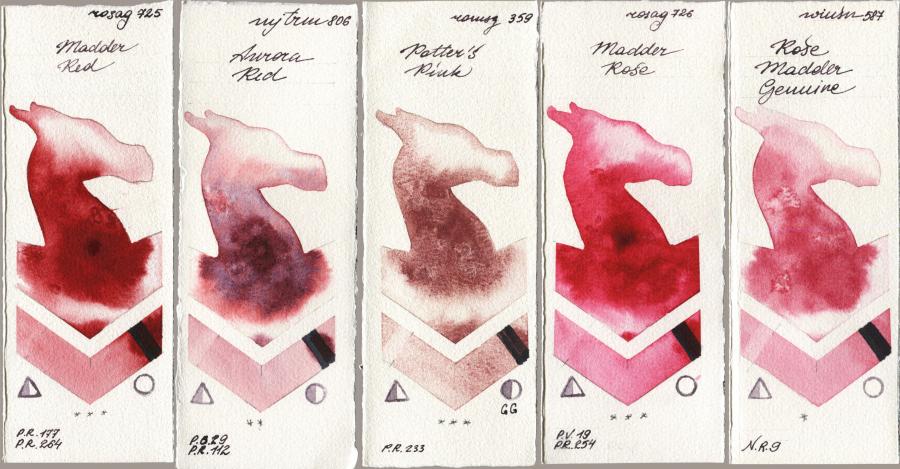 Rosa Gallery 725 Madder Red vs Mijello Mission Gold 806 Aurora Red vs Roman Szmal Aquarius 359 Potters Pink vs 726 Madder Rose vs Winsor & Newton Professional 587 Rose Madder Genuine watercolor swatch