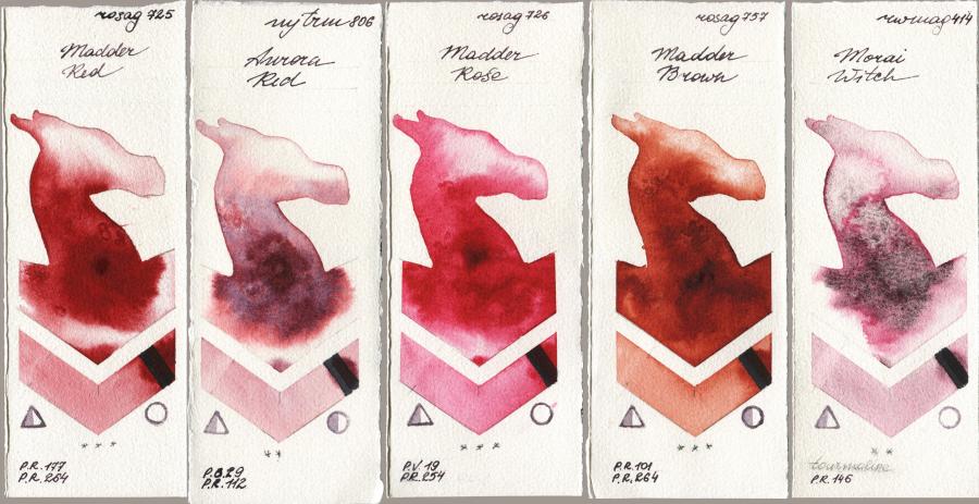 Rosa Gallery 725 Madder Red vs Mijello Mission Gold 806 Aurora Red vs 726 Madder Rose vs 757 Madder Brown vs Rockwell 414 Morai Witch watercolor swatch