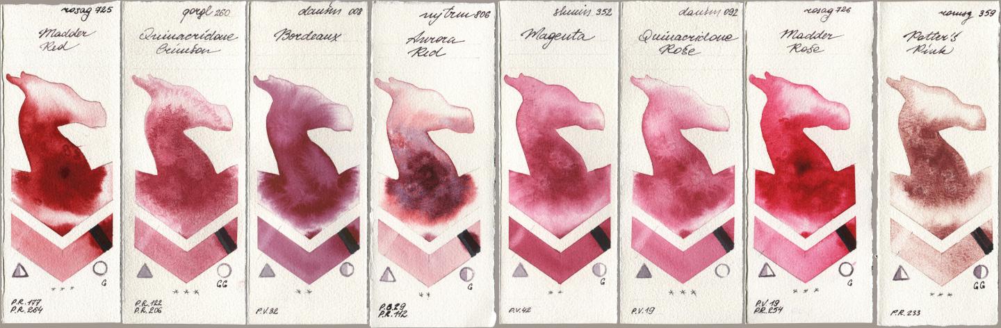 Rosa Gallery 725 Madder Red, Golden QOR 260 Quinacridone Crimson, Daniel Smith 008 Bordeaux, Mijello Mission Gold 806 Aurora Red, Shminke Horadam Aquarell 352 Magenta, 092 Quinacridone Rose, 726 Madder Rose, Roman Szmal Aquarius 359 Potters Pi watercolor swatch
