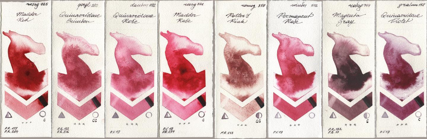 Rosa Gallery 725 Madder Red, Golden QOR 260 Quinacridone Crimson, Daniel Smith 092 Quinacridone Rose, 726 Madder Rose, Roman Szmal Aquarius 359 Potters Pink, Winsor & Newton Professional 502 Permanent Rose, 764 Magenta Gray, M. Graham & Co. Artists 158 Quinacridone Viol watercolor swatch