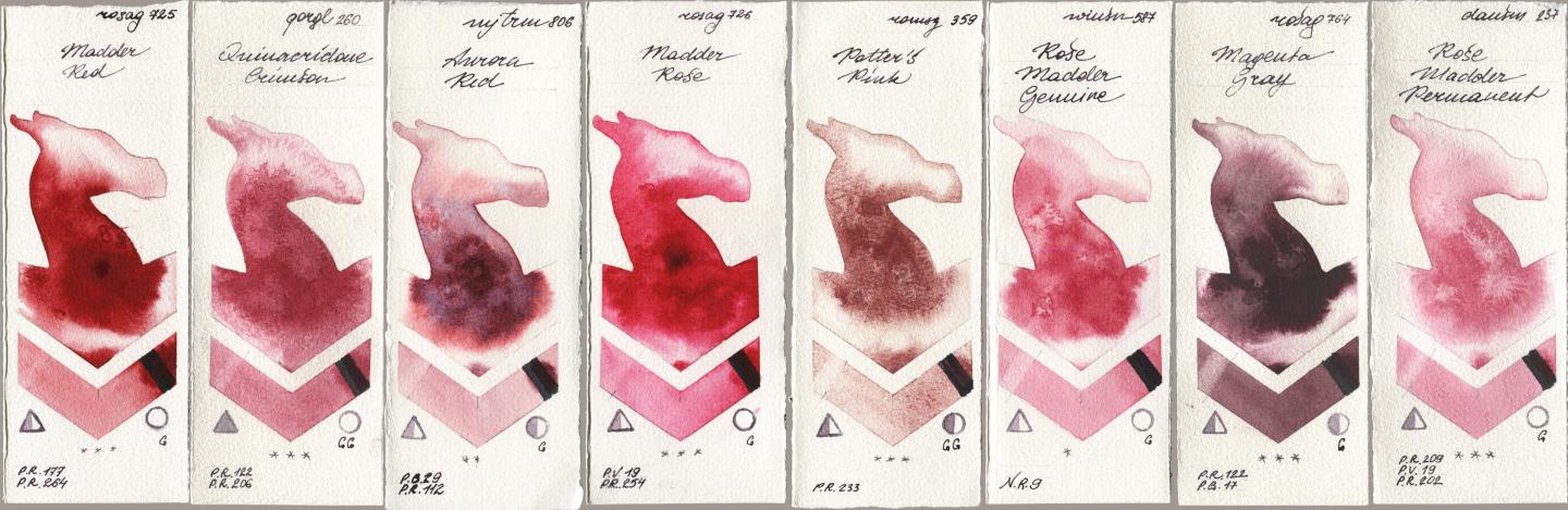 Rosa Gallery 725 Madder Red, Golden QOR 260 Quinacridone Crimson, Mijello Mission Gold 806 Aurora Red, 726 Madder Rose, Roman Szmal Aquarius 359 Potters Pink, Winsor & Newton Professional 587 Rose Madder Genuine, 764 Magenta Gray, Daniel Smith 237 Rose Madder Permane watercolor swatch