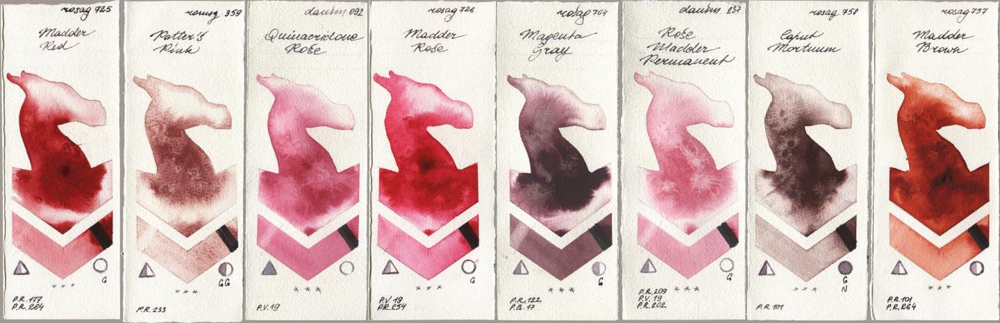 Rosa Gallery 725 Madder Red, Roman Szmal Aquarius 359 Potters Pink, Daniel Smith 092 Quinacridone Rose, 726 Madder Rose, 764 Magenta Gray, 237 Rose Madder Permanent, 758 Caput Mortuum, 757 Madder Bro watercolor swatch