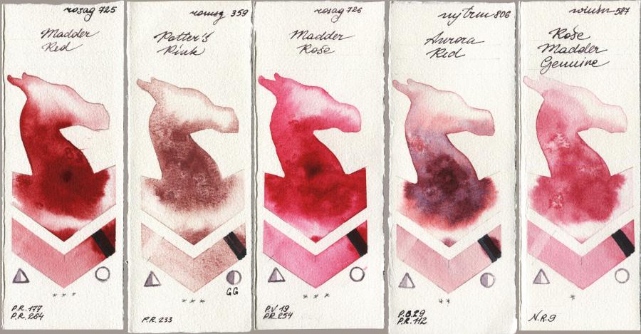 Rosa Gallery 725 Madder Red vs Roman Szmal Aquarius 359 Potters Pink vs 726 Madder Rose vs Mijello Mission Gold 806 Aurora Red vs Winsor & Newton Professional 587 Rose Madder Genuine watercolor swatch