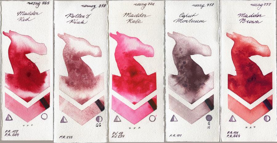 Rosa Gallery 725 Madder Red vs Roman Szmal Aquarius 359 Potters Pink vs 726 Madder Rose vs 758 Caput Mortuum vs 757 Madder Brown watercolor swatch