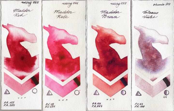 Rosa Gallery 725 Madder Red vs 726 Madder Rose vs 757 Madder Brown vs Shminke Horadam Aquarell 914 Volcano Violet watercolor swatch