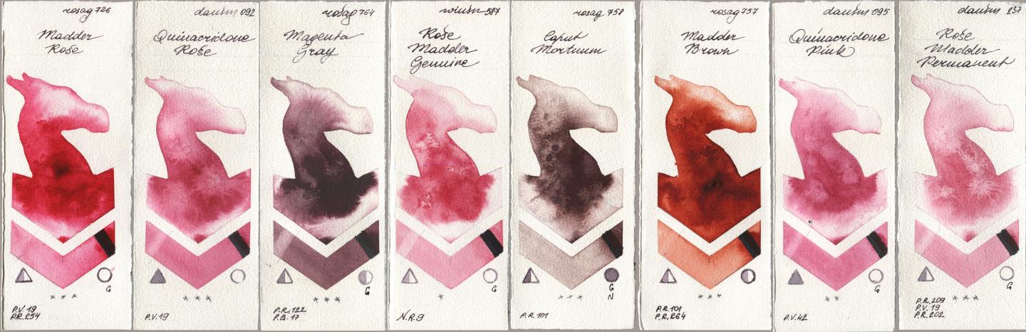 Rosa Gallery 726 Madder Rose, Daniel Smith 092 Quinacridone Rose, 764 Magenta Gray, Winsor & Newton Professional 587 Rose Madder Genuine, 758 Caput Mortuum, 757 Madder Brown, 095 Quinacridone Pink, 237 Rose Madder Permane watercolor swatch